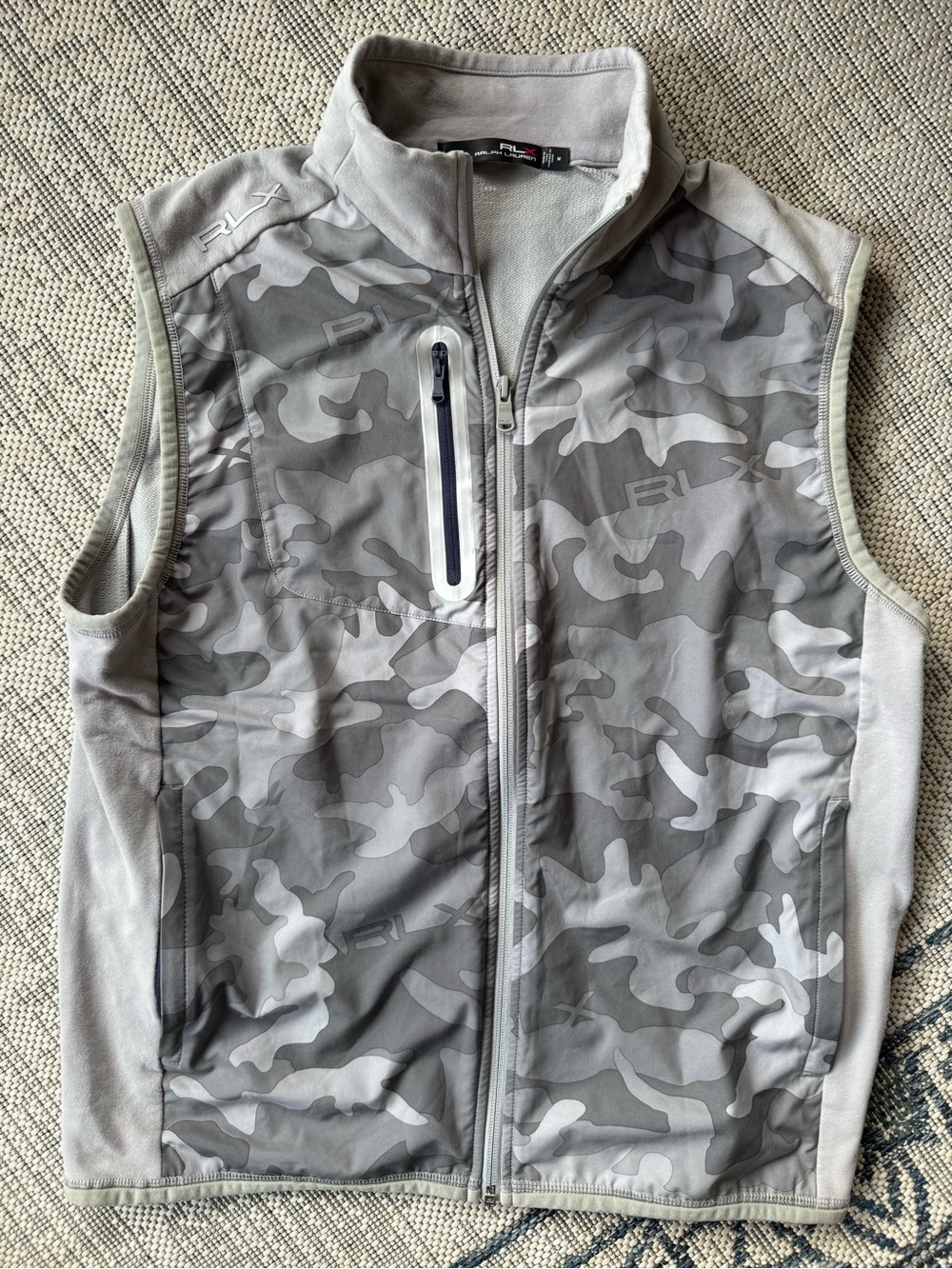 Ralph Lauren RLX Men’s M Gray Camo Full Zip Pockets Packable Golf Vest Read